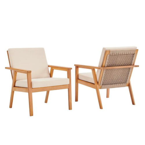 Solid Teak Wood Arm Chair with Rattan Backrest