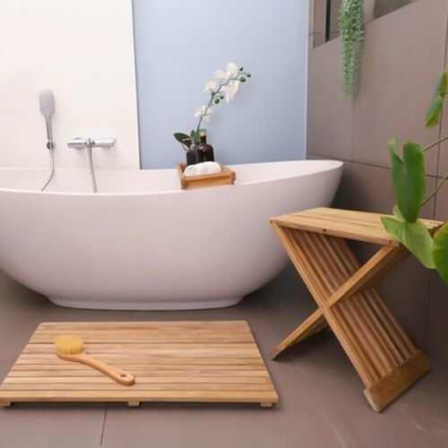 TEAK STOOLS SHOWER BENCH AND FLOOR MAT TEAK BATHROOM FURNITURE