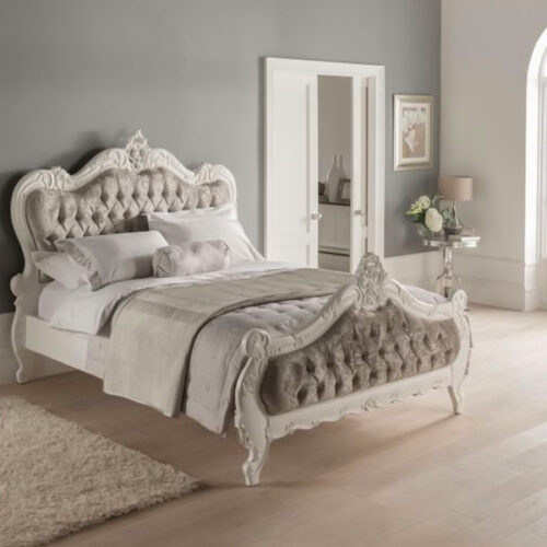 Wooden Beds White Color Fabric Upholstered Tufted Motif