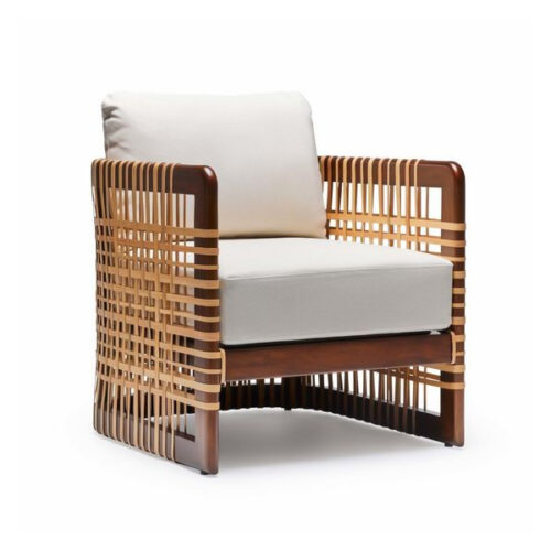 Teak Accent Chair with Rope and White Cushion