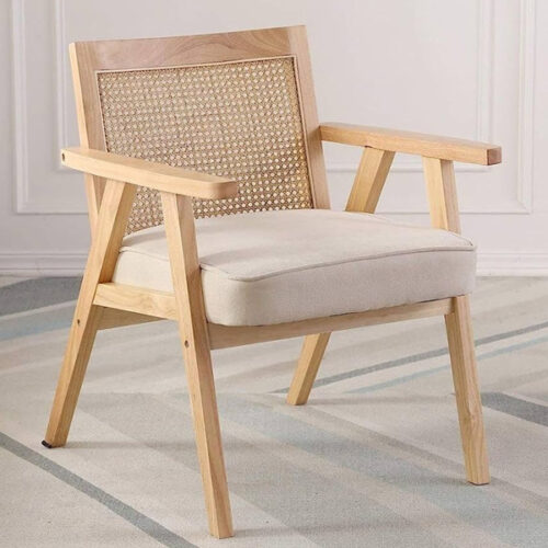 Solid Teak Wood Accent Chair with Rattan Backrest