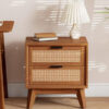 Wooden Nightstand 2 Drawers and with Rattan