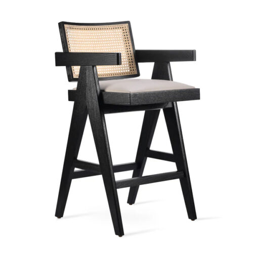 Solid Wood Modern Barstool Black Frame Rattan Backrest
