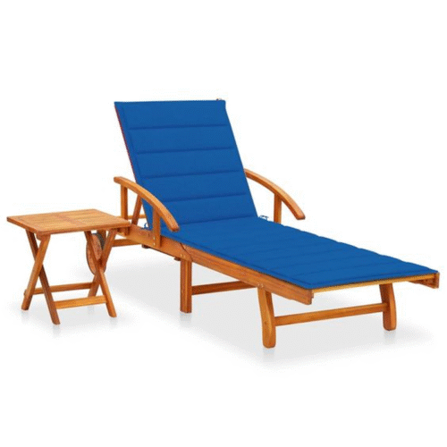 Teak Garden Sun Lounger with Blue Cushion Set