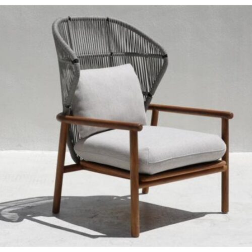 Mix Metal Woven Rope and Wood Cushioned Lounge Chair
