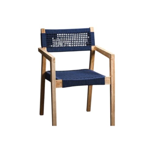 Wooden Armchair Natural Color Frame and Blue Rope Woven