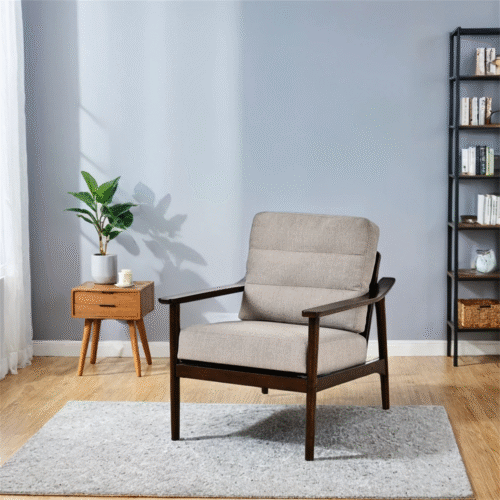 Modern Wood Lounge Chair With Cushioned Backrest And Armrests