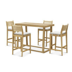 Modern Teak Wood Bar Table Set with 4 Cushioned Chairs for Patio or Café Use