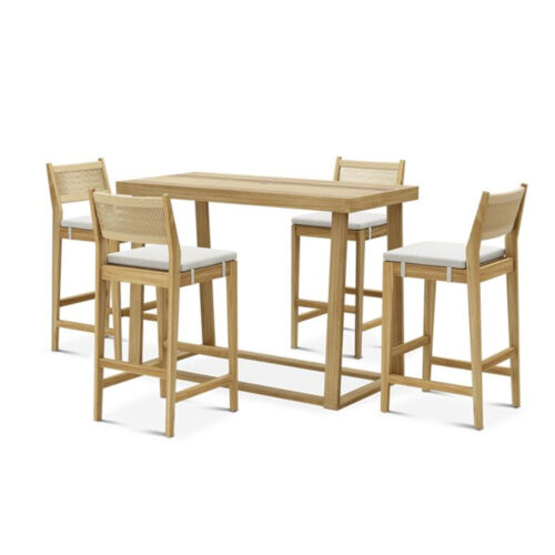 Modern Teak Wood Bar Table Set with 4 Cushioned Chairs for Patio or Café Use