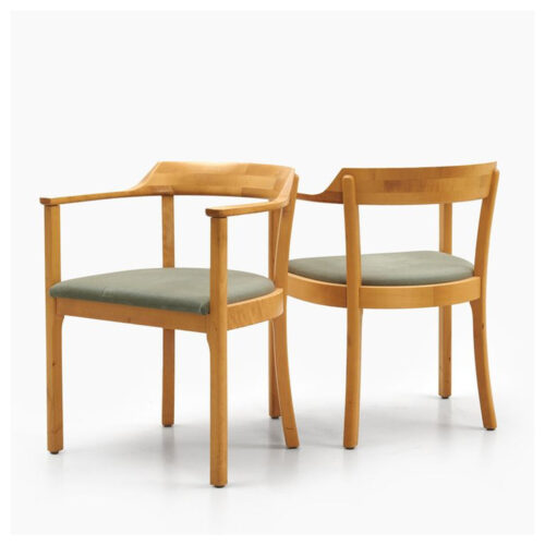 Minimalist Teak Dining Chairs with Curved Backrest and Soft Grey Seat Upholstery