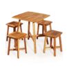 Square Teak Dining Table Set with 4 Backless Stools for Indoor and Outdoor Use
