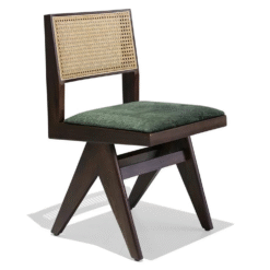Handcrafted Wooden Chair With Rattan Back And Upholstered Seat