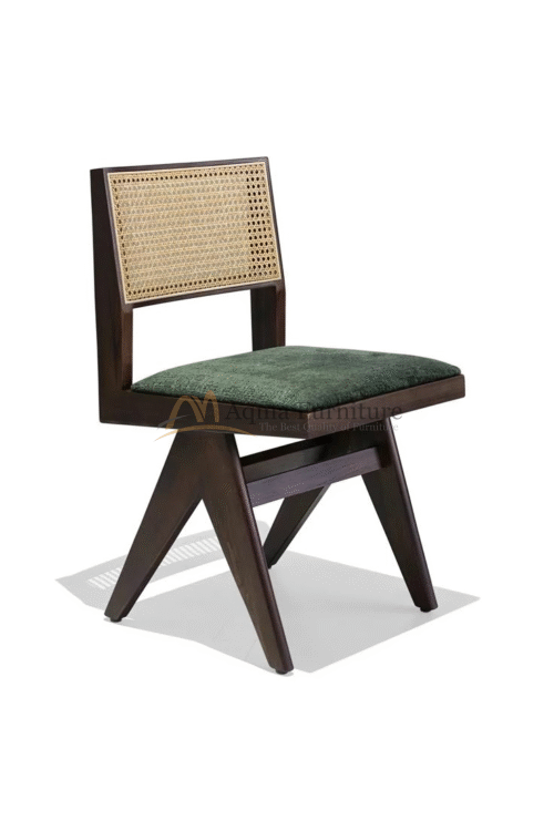 Handcrafted Wooden Chair With Rattan Back And Upholstered Seat