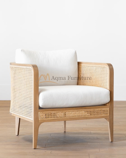 Wooden Armchair With Rattan Side And White Cushion