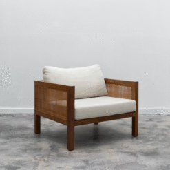 Wooden Lounge Chair With Rattan Side Panels And Soft Cushion