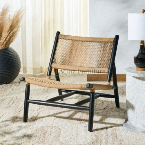 Handmade Solid Wood Lounge Chair With Rope Weaving