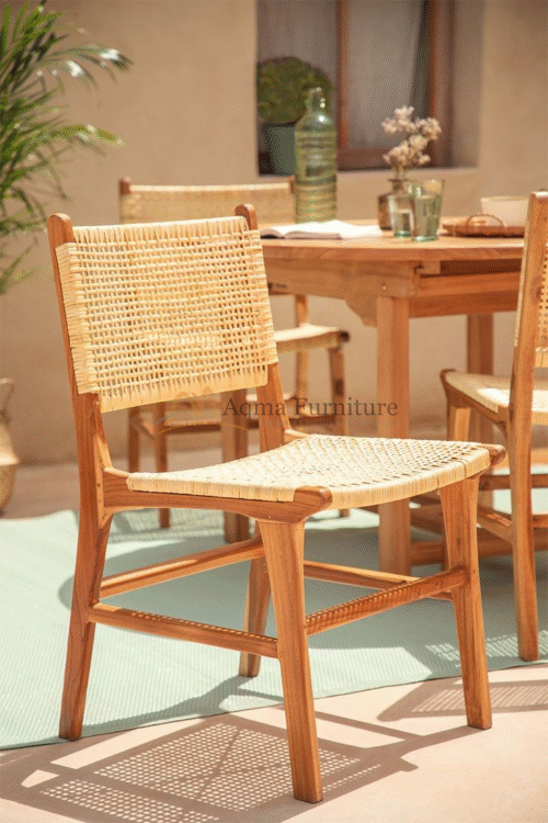 Handcrafted Wooden Dining Chair with Natural Woven Rattan