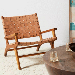 Handcrafted Teak Chair with Woven Leather Seat