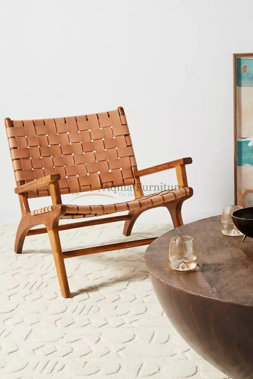 Handcrafted Teak Chair with Woven Leather Seat