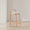 Minimal Wooden Bar Stool With Curved Backrest And Upholstered Seat