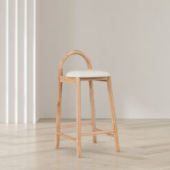 Minimal Wooden Bar Stool With Curved Backrest And Upholstered Seat